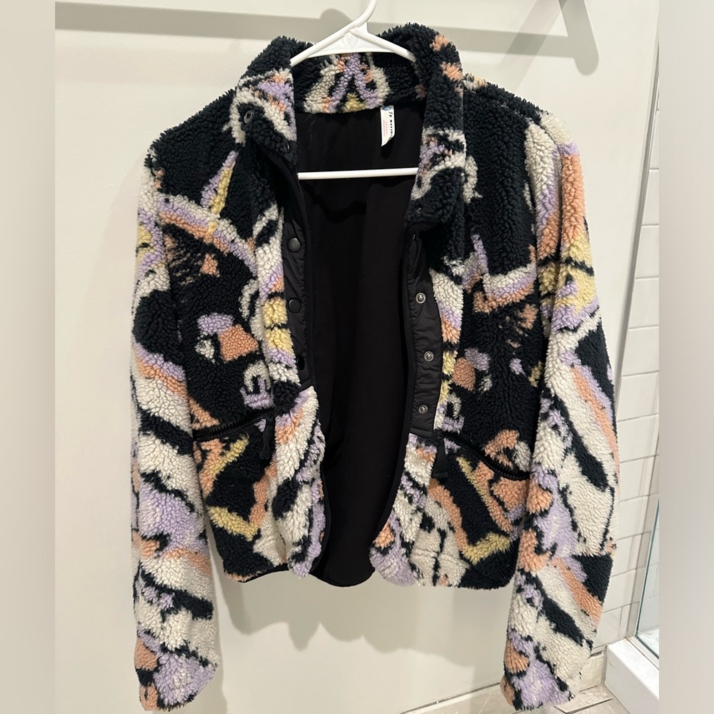 Free People Black Sherpa Jacket with Pastel Lavender, Peach & Cream Accents